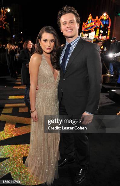 Actors Lea Michele and Jonathan Groff arrive at the Los Angeles premiere of "New Year's Eve" at Grauman's Chinese Theatre on December 5, 2011 in...