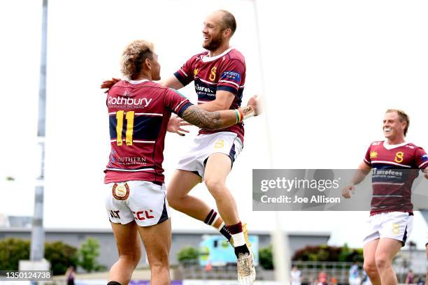 Marty McKenzie of Southland celebrates with Solomon Alaimalo of Southland after his try during the round nine Bunnings NPC match between Southland...