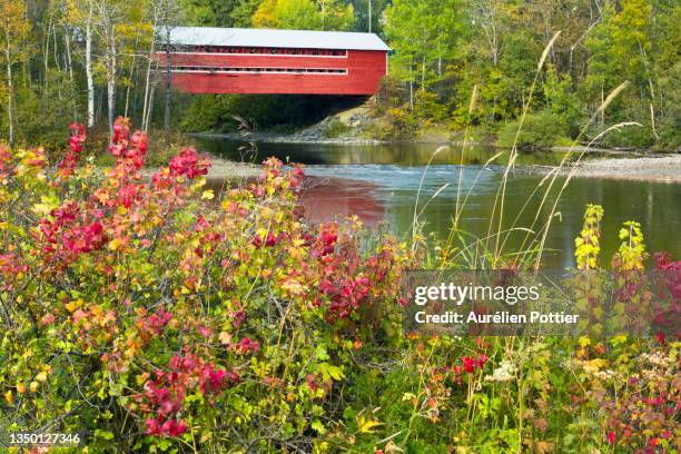 amqui, le pont couvert beauséjour, automne - gaspe peninsula stock pictures, royalty-free photos & images