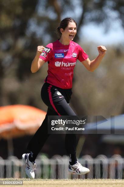 Stella Campbell of the Sixers celebrates the wicket of Courtney Webb of the Renegades during the Women's Big Bash League match between the Melbourne...