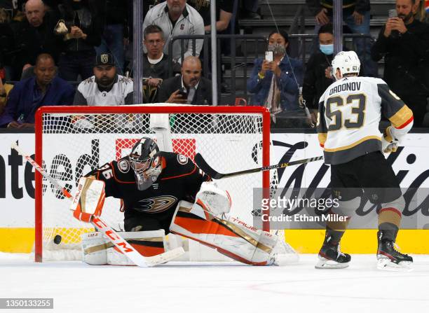Evgenii Dadonov of the Vegas Golden Knights scores a game-winning shootout goal against John Gibson of the Anaheim Ducks during their game at...