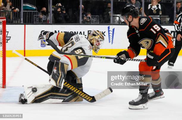 Robin Lehner of the Vegas Golden Knights blocks a shot by Troy Terry of the Anaheim Ducks during a shootout at T-Mobile Arena on October 29, 2021 in...