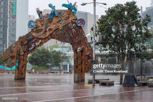 Aotea Square, in the entertainment precinct, deserted on October 30, 2021 in Auckland, New Zealand. Auckland remains in lockdown under Alert Level 3...