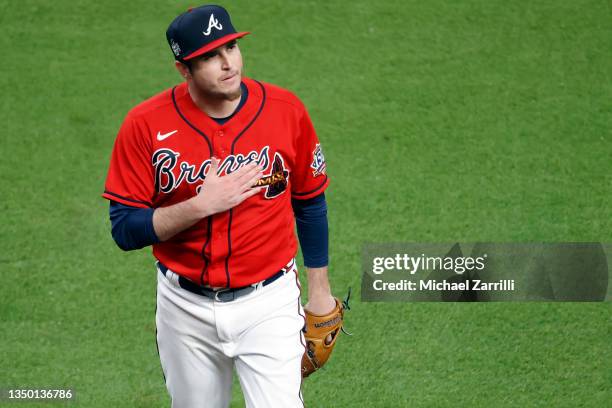 Luke Jackson of the Atlanta Braves reacts after retiring the side against the Houston Astros during the seventh inning in Game Three of the World...