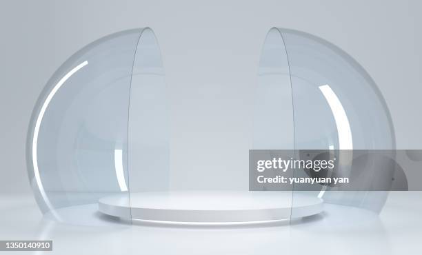 3d rendering exhibition background - glass sphere stock pictures, royalty-free photos & images