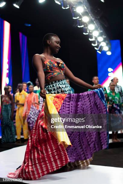 Model walks the runway for Studio189 during Lagos Fashion Week 2021 on October 29, 2021 in Lagos, Nigeria.