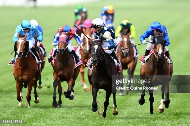 John Allen riding Hitotsu wins race 6, the Penfolds Victoria Derby during 2021 AAMI Victoria Derby Day at Flemington Racecourse on October 30, 2021...