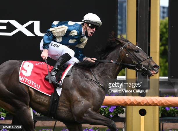 John Allen riding Hitotsu winning race 6, the Penfolds Victoria Derby, during 2021 AAMI Victoria Derby Day at Flemington Racecourse on October 30,...