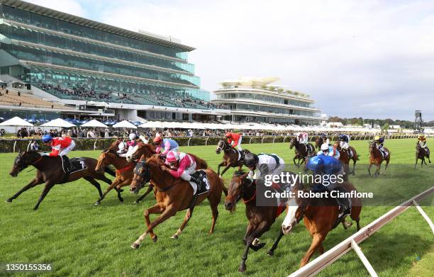 Damien Oliver riding Superstorm wins race 8, the Kennedy Cantala Stakes during 2021 AAMI Victoria Derby Day at Flemington Racecourse on October 30,...