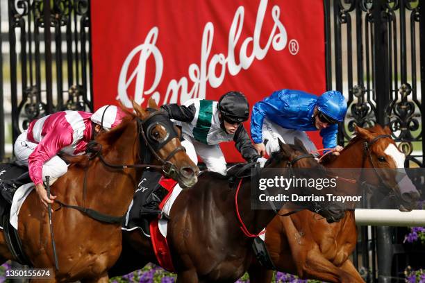 Damien Oliver rides Superstorm to win race 8 the Kennedy Cantala Stakes during 2021 AAMI Victoria Derby Day at Flemington Racecourse on October 30,...