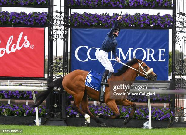 James McDonald riding Home Affairs winning Race 7, the Coolmore Stud Stakes, during 2021 AAMI Victoria Derby Day at Flemington Racecourse on October...