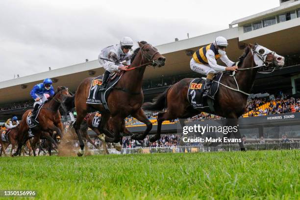 Hugh Bowman on I'm Thunderstruck wins race 7 the XXXX Golden Eagle during Sydney Racing at Rosehill Gardens on October 30, 2021 in Sydney, Australia.