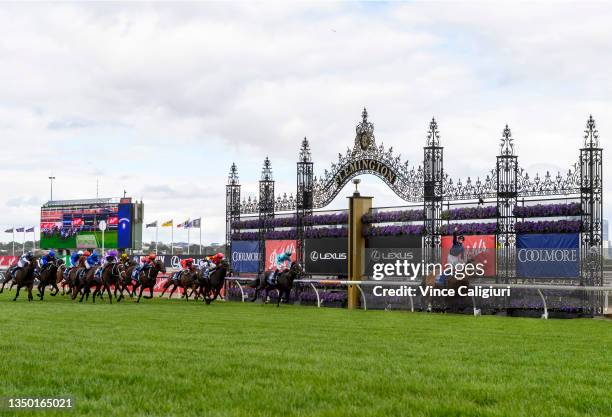 James McDonald riding Home Affairs winning Race 7, the Coolmore Stud Stakes, during 2021 AAMI Victoria Derby Day at Flemington Racecourse on October...