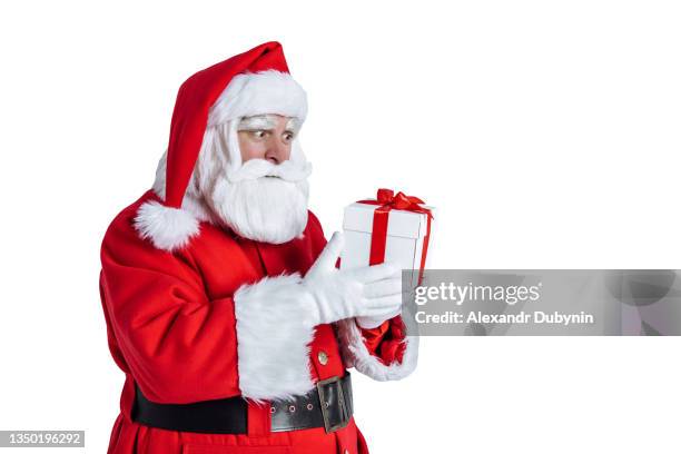 christmas santa claus with new year beautiful gift in hands on white background - santa beard stock pictures, royalty-free photos & images