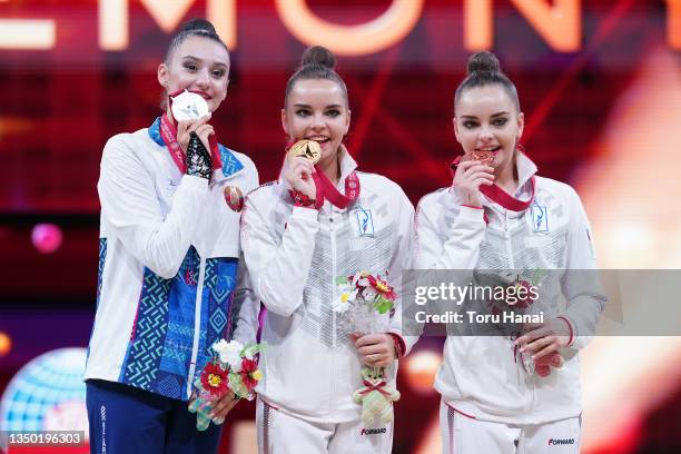 Silver medalist Alina Harnasko of Belarus, gold medalist Dina Averina of Russian Gymnastics Federation and bronze medalist Arina Averina of Russian...