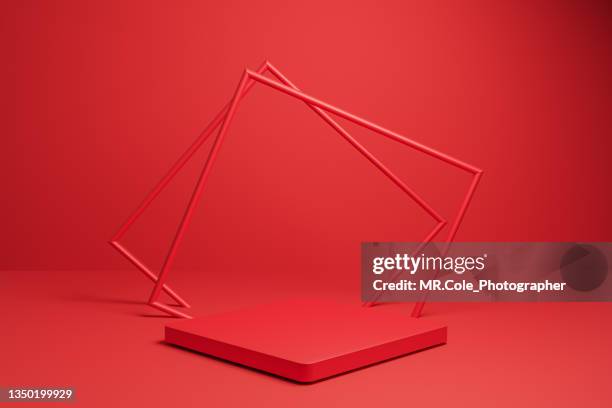 3d rendered cube red podium or stage on floor with copy space, mock up design for advertising - store studios ストックフォトと画像