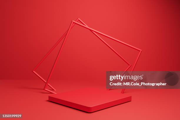 3d rendered cube red podium or stage on floor with copy space, mock up design for advertising - chinese digital stockfoto's en -beelden