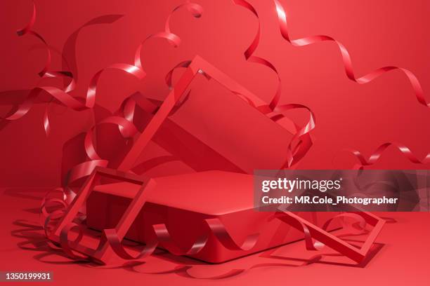 3d rendered celebration background concept, red podium or stage on floor with copy space, mock up design for advertising - geschenkbox stock-fotos und bilder