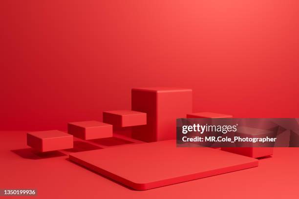 3d rendered cube red podium or stage on floor with copy space, mock up design for advertising - 3d stage stockfoto's en -beelden