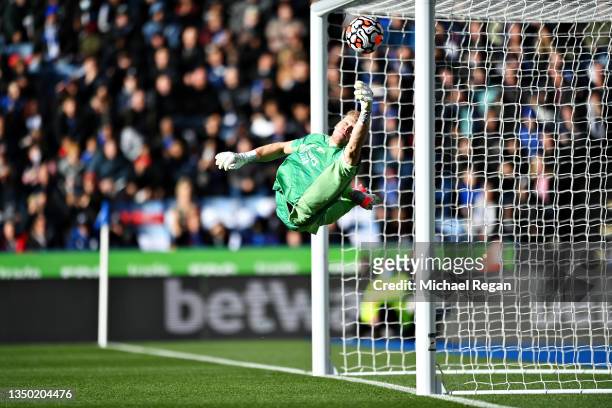 Aaron Ramsdale of Arsenal makes a save during the Premier League match between Leicester City and Arsenal at The King Power Stadium on October 30,...