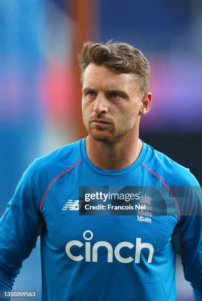 Jos Buttler of England warms up ahead of the ICC Men's T20 World Cup match between Australia and England at Dubai International Stadium on October...