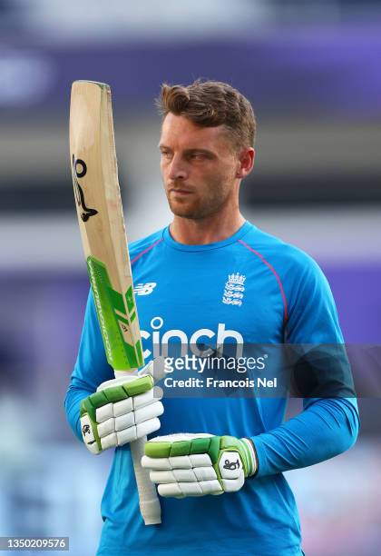 Jos Buttler of England warms up ahead of the ICC Men's T20 World Cup match between Australia and England at Dubai International Stadium on October...