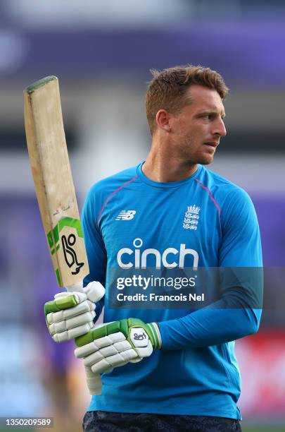 Jos Buttler of England warms up ahead of the ICC Men's T20 World Cup match between Australia and England at Dubai International Stadium on October...