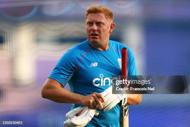 Jonny Bairstow of England warms up ahead of the ICC Men's T20 World Cup match between Australia and England at Dubai International Stadium on October...