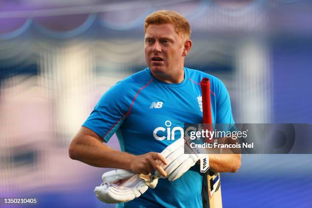 Jonny Bairstow of England warms up ahead of the ICC Men's T20 World Cup match between Australia and England at Dubai International Stadium on October...