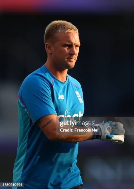 Jason Roy of England warms up ahead of the ICC Men's T20 World Cup match between Australia and England at Dubai International Stadium on October 30,...