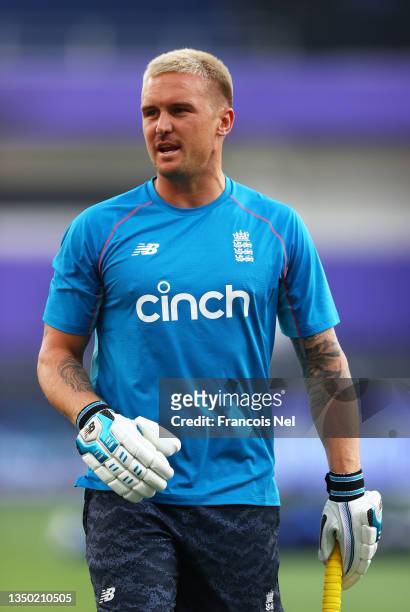 Jason Roy of England warms up ahead of the ICC Men's T20 World Cup match between Australia and England at Dubai International Stadium on October 30,...