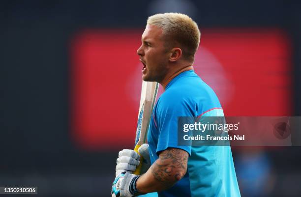 Jason Roy of England warms up ahead of the ICC Men's T20 World Cup match between Australia and England at Dubai International Stadium on October 30,...