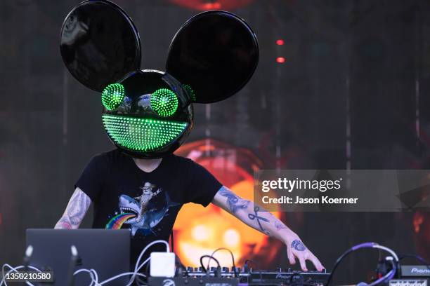 Deadmau5 is seen performing onstage during the 2021 Day Of The Deadmau5 at Oasis Wynwood on October 29, 2021 in Miami, Florida.