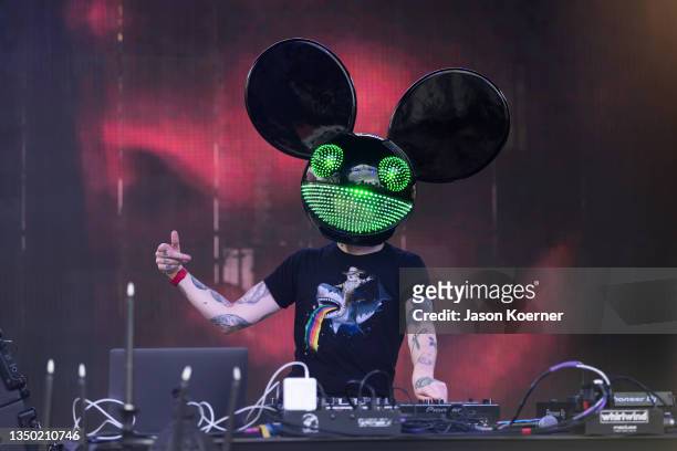 Deadmau5 is seen performing onstage during the 2021 Day Of The Deadmau5 at Oasis Wynwood on October 29, 2021 in Miami, Florida.