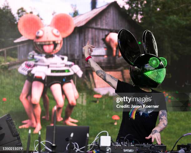 Deadmau5 is seen performing onstage during the 2021 Day Of The Deadmau5 at Oasis Wynwood on October 29, 2021 in Miami, Florida.