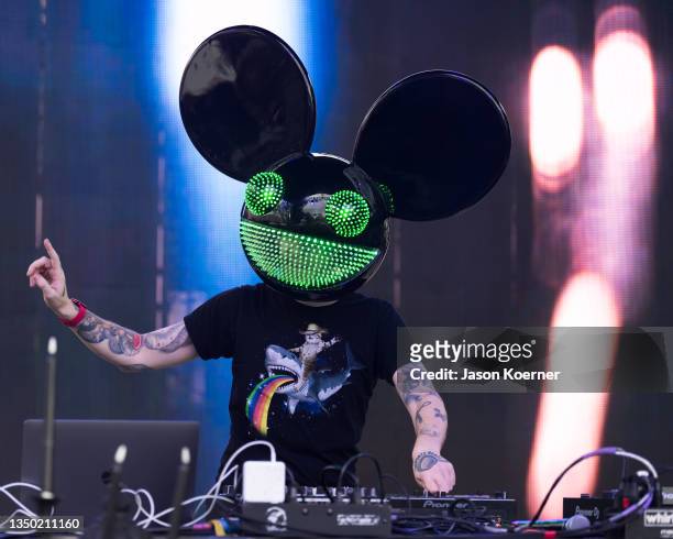 Deadmau5 is seen performing onstage during the 2021 Day Of The Deadmau5 at Oasis Wynwood on October 29, 2021 in Miami, Florida.