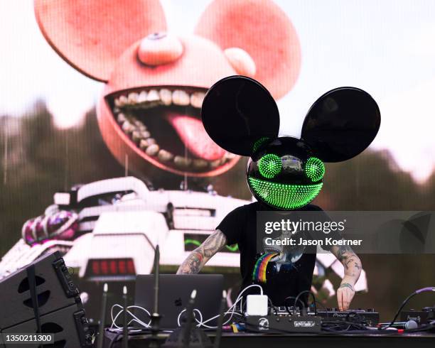 Deadmau5 is seen performing onstage during the 2021 Day Of The Deadmau5 at Oasis Wynwood on October 29, 2021 in Miami, Florida.