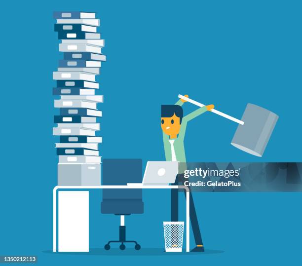 hammer crashing workplace in office - work in progress board stock illustrations