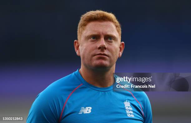 Jonny Bairstow of England warms up ahead of the ICC Men's T20 World Cup match between Australia and England at Dubai International Stadium on October...