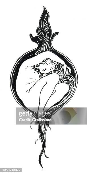 bildbanksillustrationer, clip art samt tecknat material och ikoner med young woman lying in fetal position in onion art nouveau 1897 - hugging knees