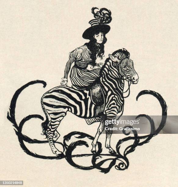 ilustraciones, imágenes clip art, dibujos animados e iconos de stock de mujer montando una cebra fantasía art nouveau 1897 - cebra