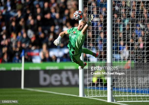 Aaron Ramsdale of Arsenal makes a save during the Premier League match between Leicester City and Arsenal at The King Power Stadium on October 30,...
