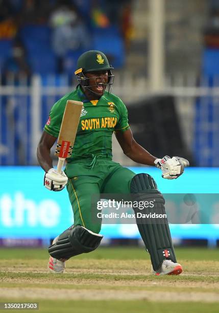 Kagiso Rabada of South Africa celebrates following the ICC Men's T20 World Cup match between South Africa and Sri Lanka at Sharjah Cricket Stadium on...