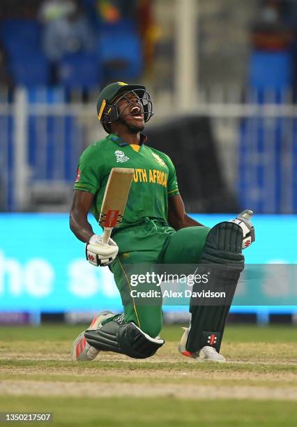 Kagiso Rabada of South Africa celebrates following the ICC Men's T20 World Cup match between South Africa and Sri Lanka at Sharjah Cricket Stadium on...