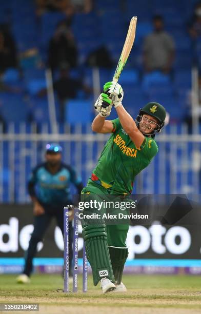 David Miller of South Africa plays a shot during the ICC Men's T20 World Cup match between South Africa and Sri Lanka at Sharjah Cricket Stadium on...