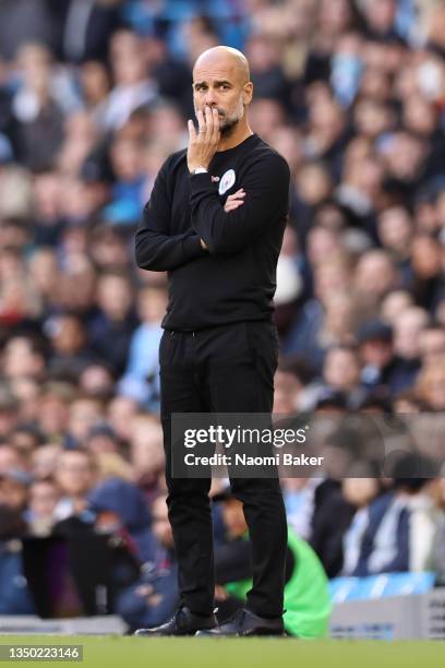 Pep Guardiola, Manager of Manchester City reacts during the Premier League match between Manchester City and Crystal Palace at Etihad Stadium on...