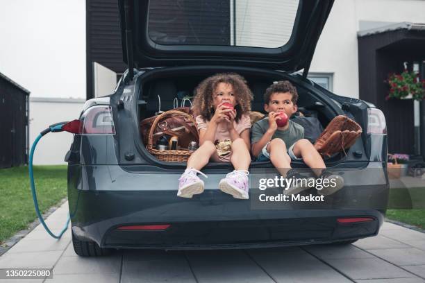 brother and sister eating apples while sitting in car trunk - electric cars stockfoto's en -beelden