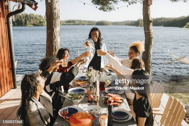 smiling female friends celebratory toasting wine during party - beach party stockfoto's en -beelden