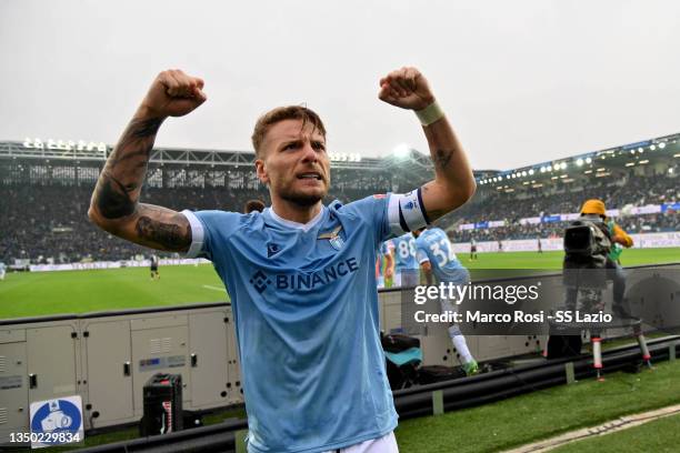 Ciro Immobile of SS Lazio celebrates a second goal during the Serie A match between Atalanta BC and SS Lazio at Gewiss Stadium on October 30, 2021 in...