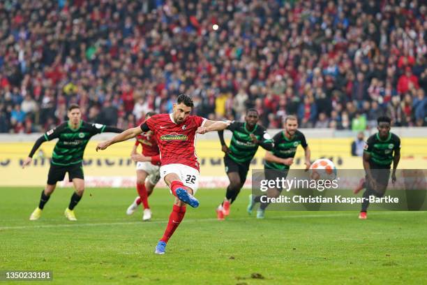 Vincenzo Grifo of SC Freiburg scores his sides third goal from a penalty during the Bundesliga match between Sport-Club Freiburg and SpVgg Greuther...